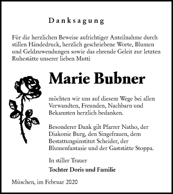 Traueranzeige von Marie Bubner von lausitzer_rundschau