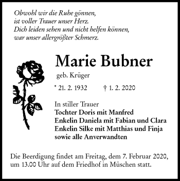 Traueranzeige von Marie Bubner von lausitzer_rundschau