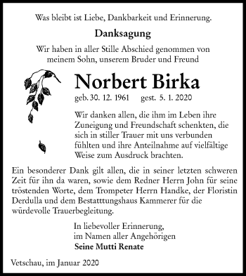 Traueranzeige von Norbert Birka von lausitzer_rundschau