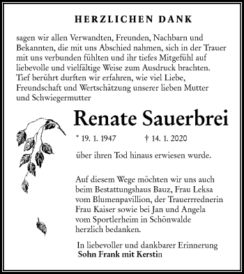 Traueranzeige von Renate Sauerbrei von lausitzer_rundschau