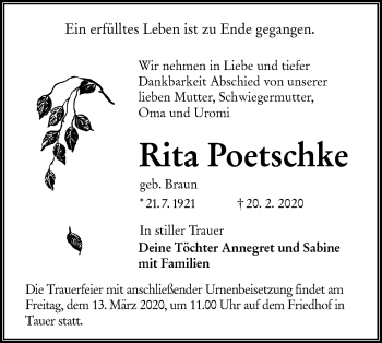 Traueranzeige von Rita Poetschke von lausitzer_rundschau