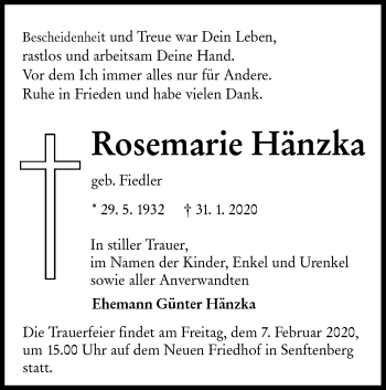 Traueranzeige von Rosemarie Hänzka von lausitzer_rundschau