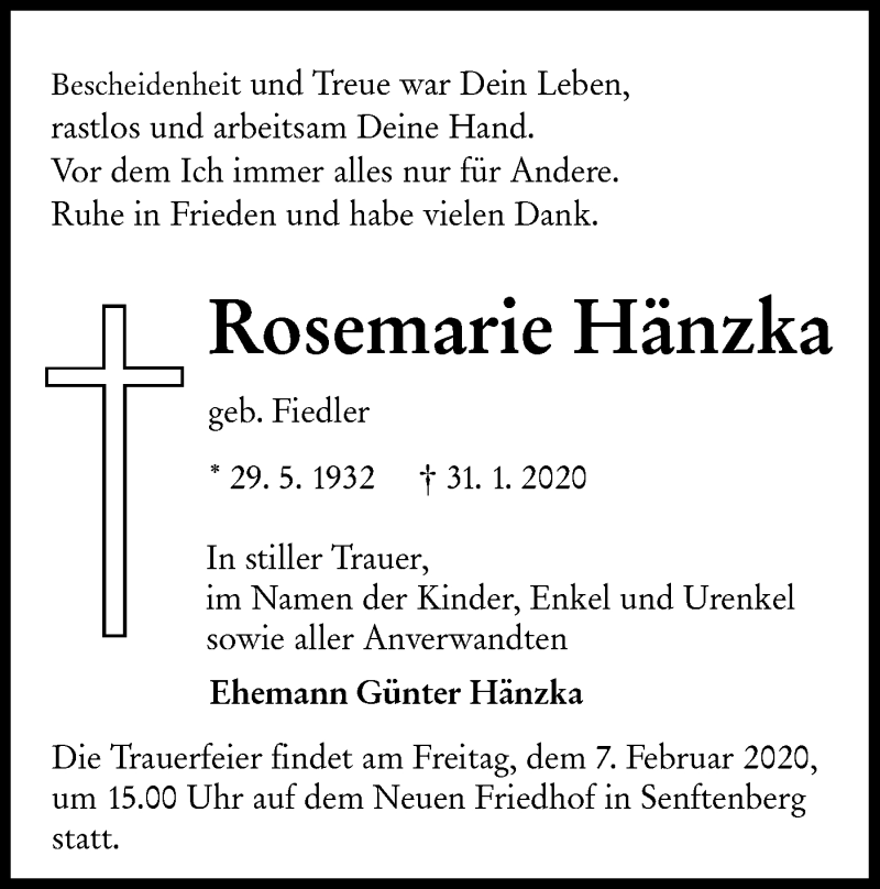  Traueranzeige für Rosemarie Hänzka vom 05.02.2020 aus lausitzer_rundschau