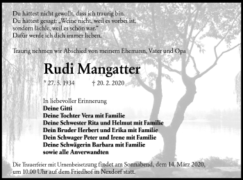 Traueranzeige von Rudi Mangatter von lausitzer_rundschau