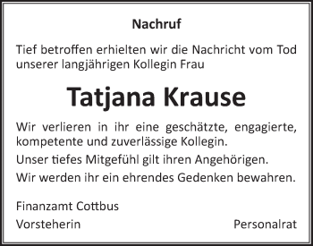 Traueranzeige von Tatjana Krause von lausitzer_rundschau