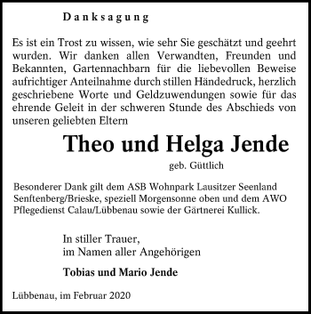 Traueranzeige von Theo und Helga Jende von lausitzer_rundschau