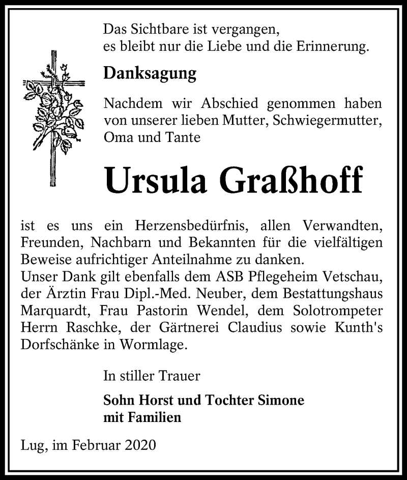  Traueranzeige für Ursula Graßhoff vom 15.02.2020 aus lausitzer_rundschau
