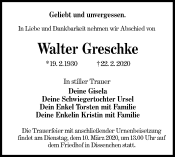 Traueranzeige von Walter Greschke von lausitzer_rundschau
