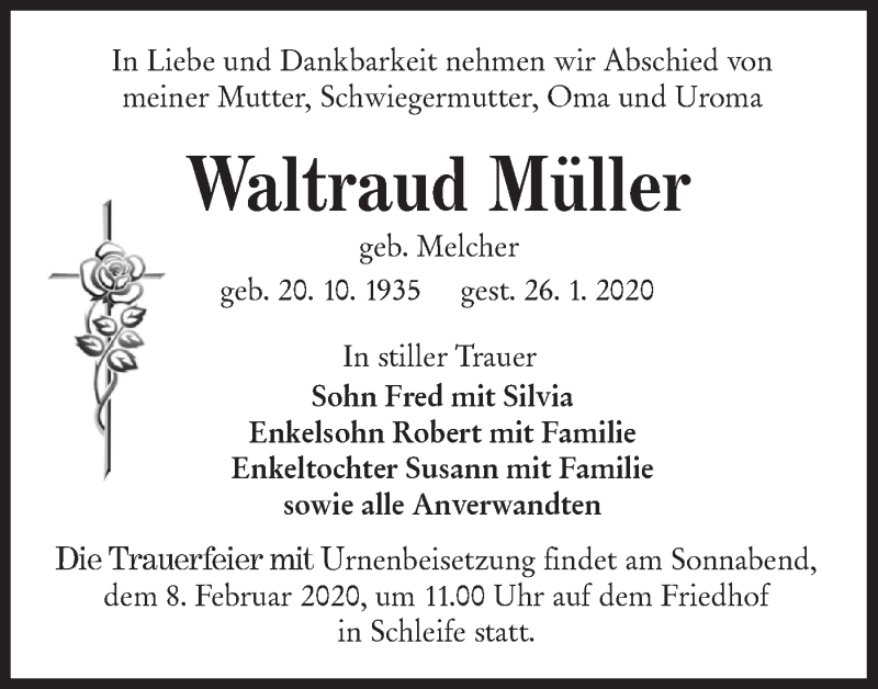  Traueranzeige für Waltraud Müller vom 01.02.2020 aus lausitzer_rundschau