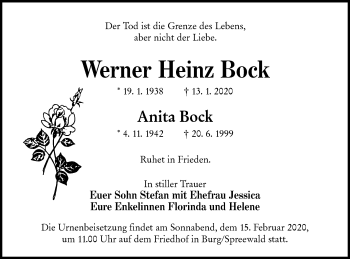Traueranzeige von Werner Heinz und Anita Bock von lausitzer_rundschau