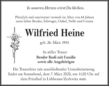 Traueranzeige von Wilfried Heine von lausitzer_rundschau