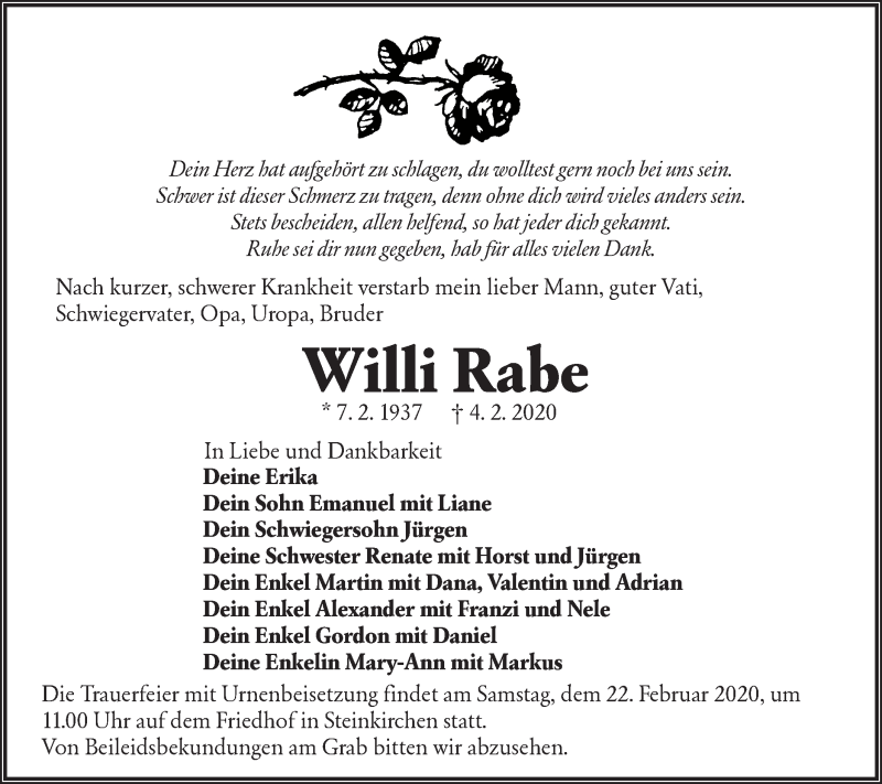  Traueranzeige für Willi Rabe vom 08.02.2020 aus lausitzer_rundschau