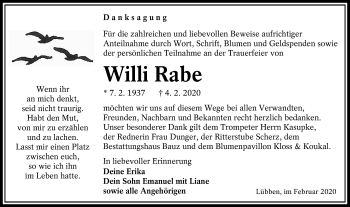 Traueranzeige von Willi Rabe von lausitzer_rundschau