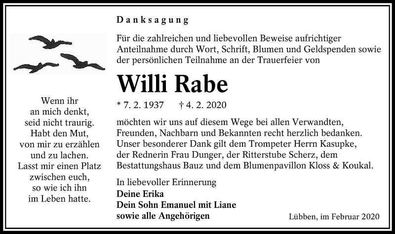  Traueranzeige für Willi Rabe vom 29.02.2020 aus lausitzer_rundschau