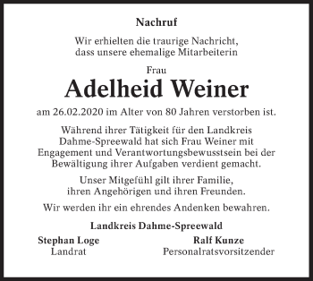 Traueranzeige von Adelheid Weiner von lausitzer_rundschau