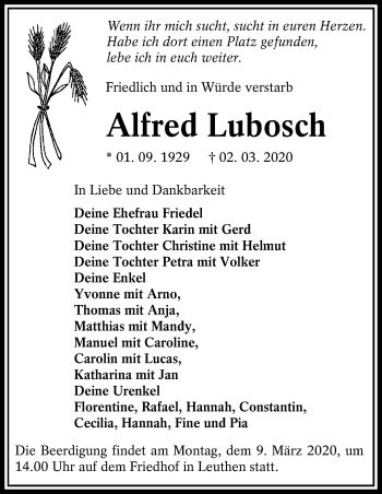 Traueranzeige von Alfred Lubosch von lausitzer_rundschau