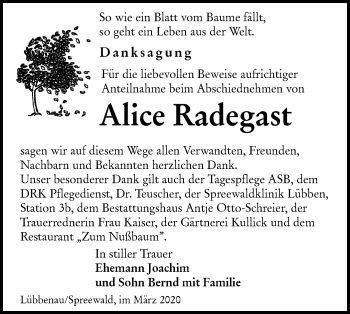 Traueranzeige von Alice Radegast von lausitzer_rundschau