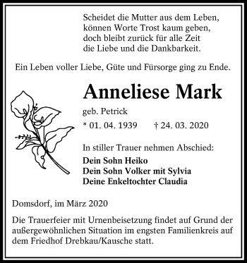 Traueranzeige von Anneliese Mark von lausitzer_rundschau
