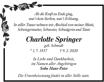 Traueranzeige von Charlotte Springer von lausitzer_rundschau