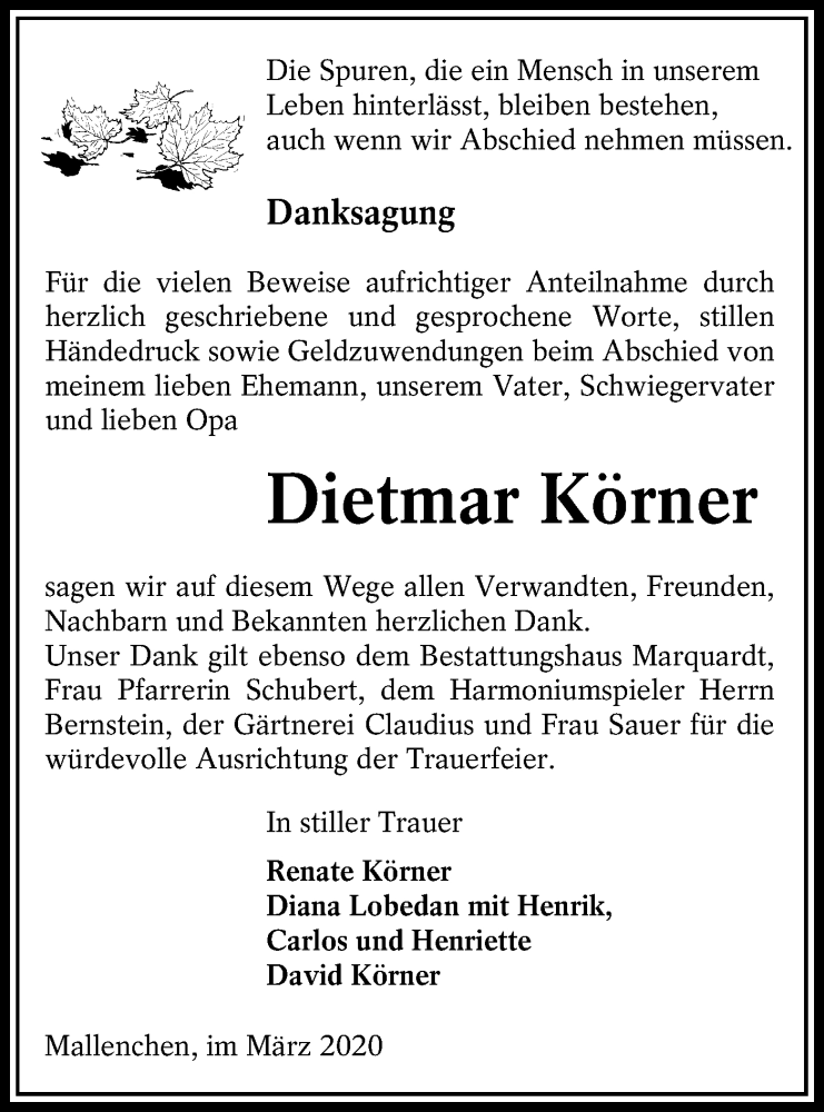  Traueranzeige für Dietmar Körner vom 21.03.2020 aus lausitzer_rundschau