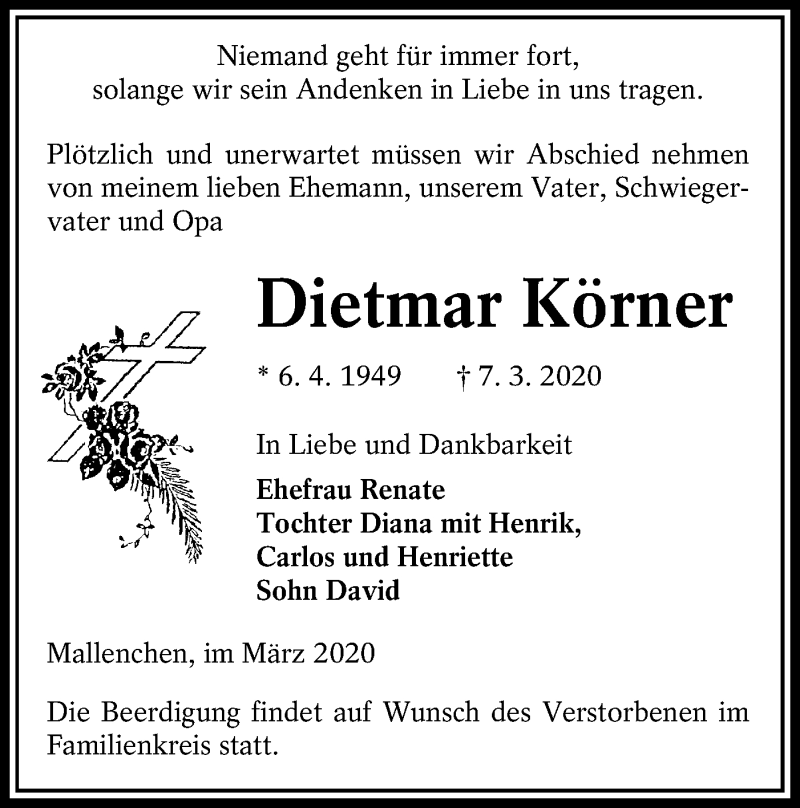  Traueranzeige für Dietmar Körner vom 11.03.2020 aus lausitzer_rundschau