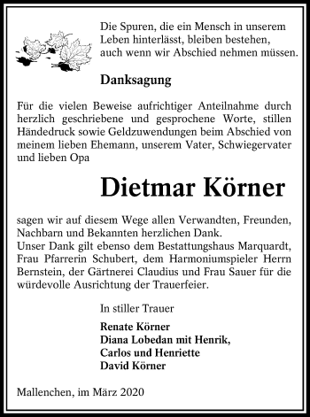 Traueranzeige von Dietmar Körner von lausitzer_rundschau