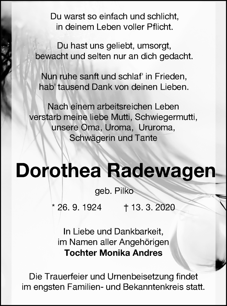  Traueranzeige für Dorothea Radewagen vom 18.03.2020 aus lausitzer_rundschau