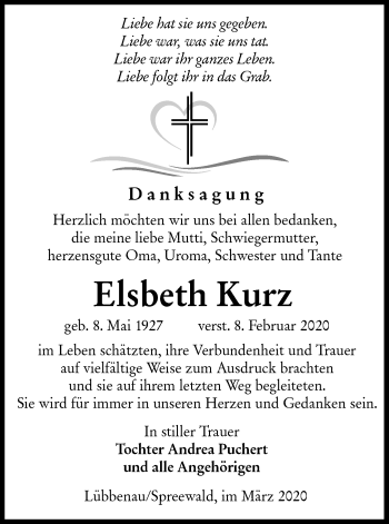 Traueranzeige von Elsbeth Kurz von lausitzer_rundschau