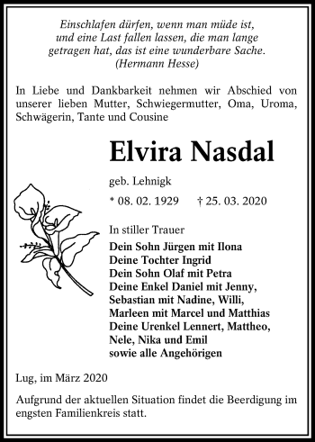 Traueranzeige von Elvira Nasdal von lausitzer_rundschau