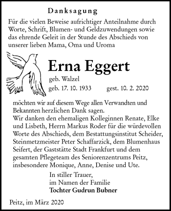 Traueranzeige von Erna Eggert von lausitzer_rundschau