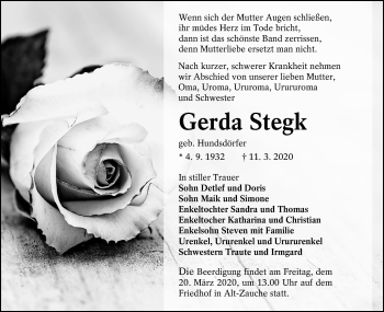 Traueranzeige von Gerda Stegk von lausitzer_rundschau