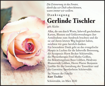 Traueranzeige von Gerlinde Tischler von lausitzer_rundschau