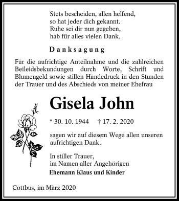 Traueranzeige von Gisela John von lausitzer_rundschau