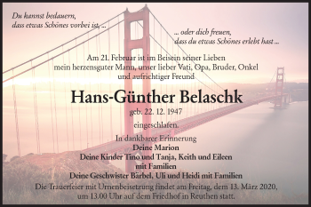 Traueranzeige von Hans-Günther Belaschk von lausitzer_rundschau