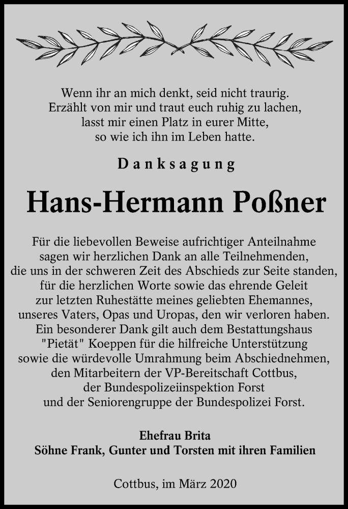  Traueranzeige für Hans-Hermann Poßner vom 28.03.2020 aus lausitzer_rundschau