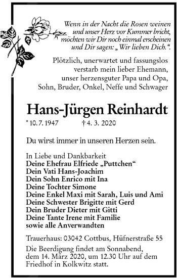 Traueranzeige von Hans-Jürgen Reinhardt von lausitzer_rundschau