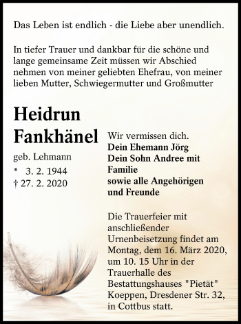 Traueranzeige von Heidrun Fankhänel von lausitzer_rundschau
