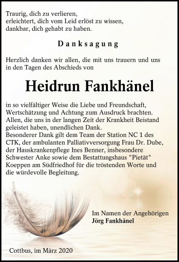 Traueranzeige von Heidrun Fankhänel von lausitzer_rundschau