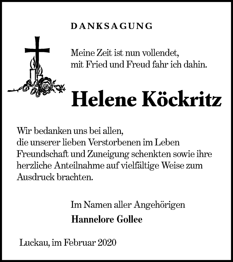  Traueranzeige für Helene Köckritz vom 07.03.2020 aus lausitzer_rundschau