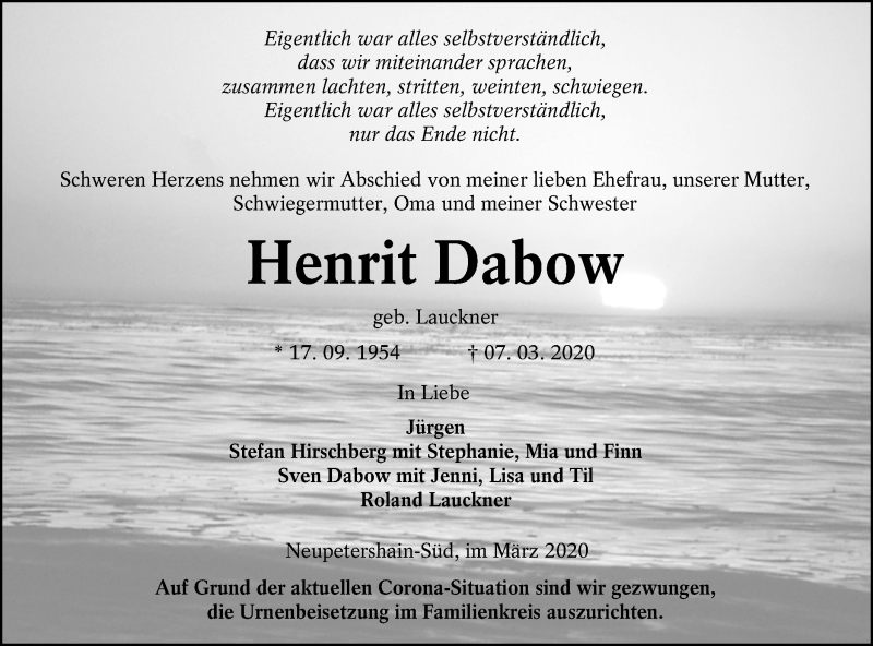  Traueranzeige für Henrit Dabow vom 21.03.2020 aus lausitzer_rundschau