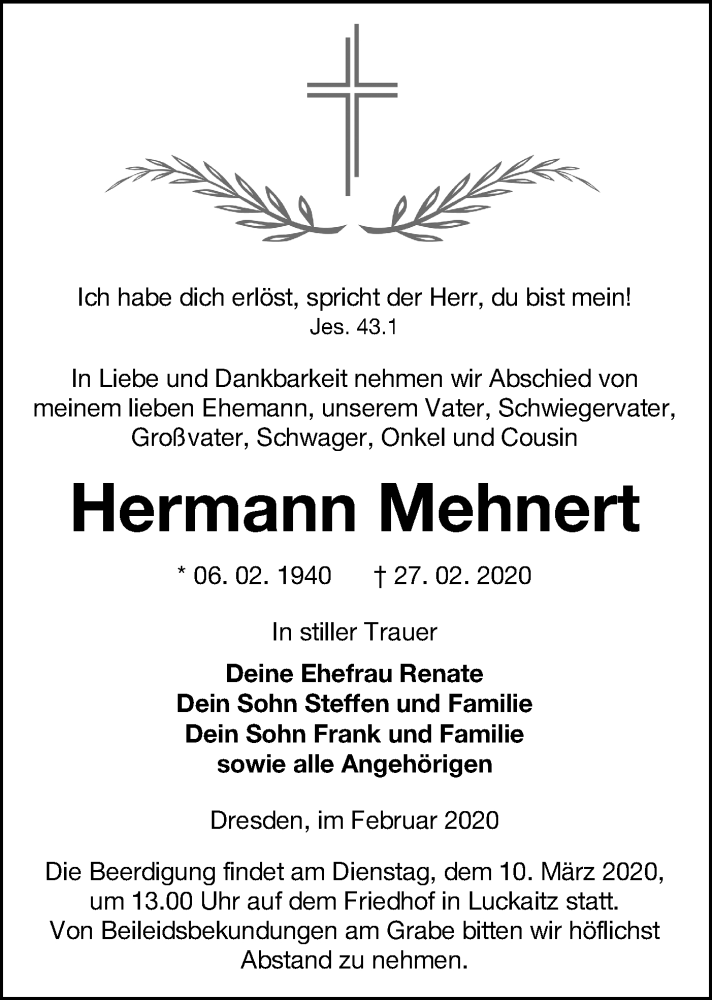  Traueranzeige für Hermann Mehnert vom 03.03.2020 aus lausitzer_rundschau