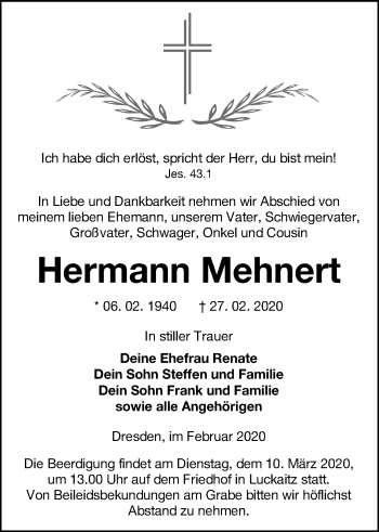 Traueranzeige von Hermann Mehnert von lausitzer_rundschau