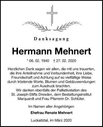 Traueranzeige von Hermann Mehnert von lausitzer_rundschau