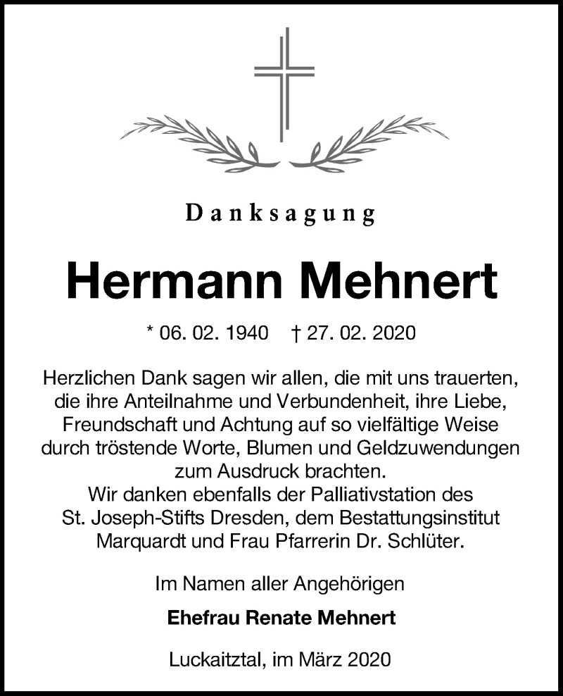  Traueranzeige für Hermann Mehnert vom 21.03.2020 aus lausitzer_rundschau