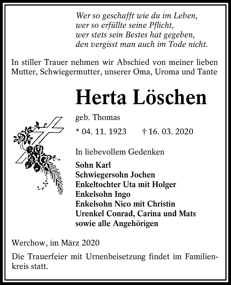  Traueranzeige für Herta Löschen vom 21.03.2020 aus lausitzer_rundschau