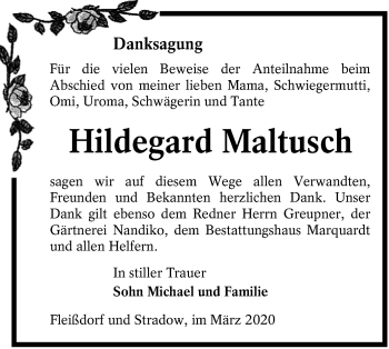 Traueranzeige von Hildegard Maltusch von lausitzer_rundschau
