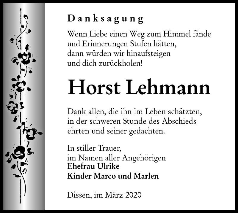 Traueranzeige für Horst Lehmann vom 14.03.2020 aus lausitzer_rundschau