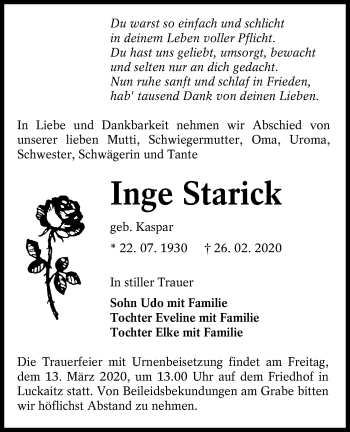 Traueranzeige von Inge Starick von lausitzer_rundschau