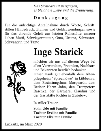 Traueranzeige von Inge Starick von lausitzer_rundschau
