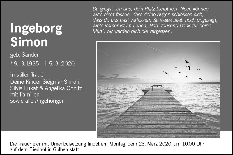  Traueranzeige für Ingeborg Simon vom 14.03.2020 aus lausitzer_rundschau
